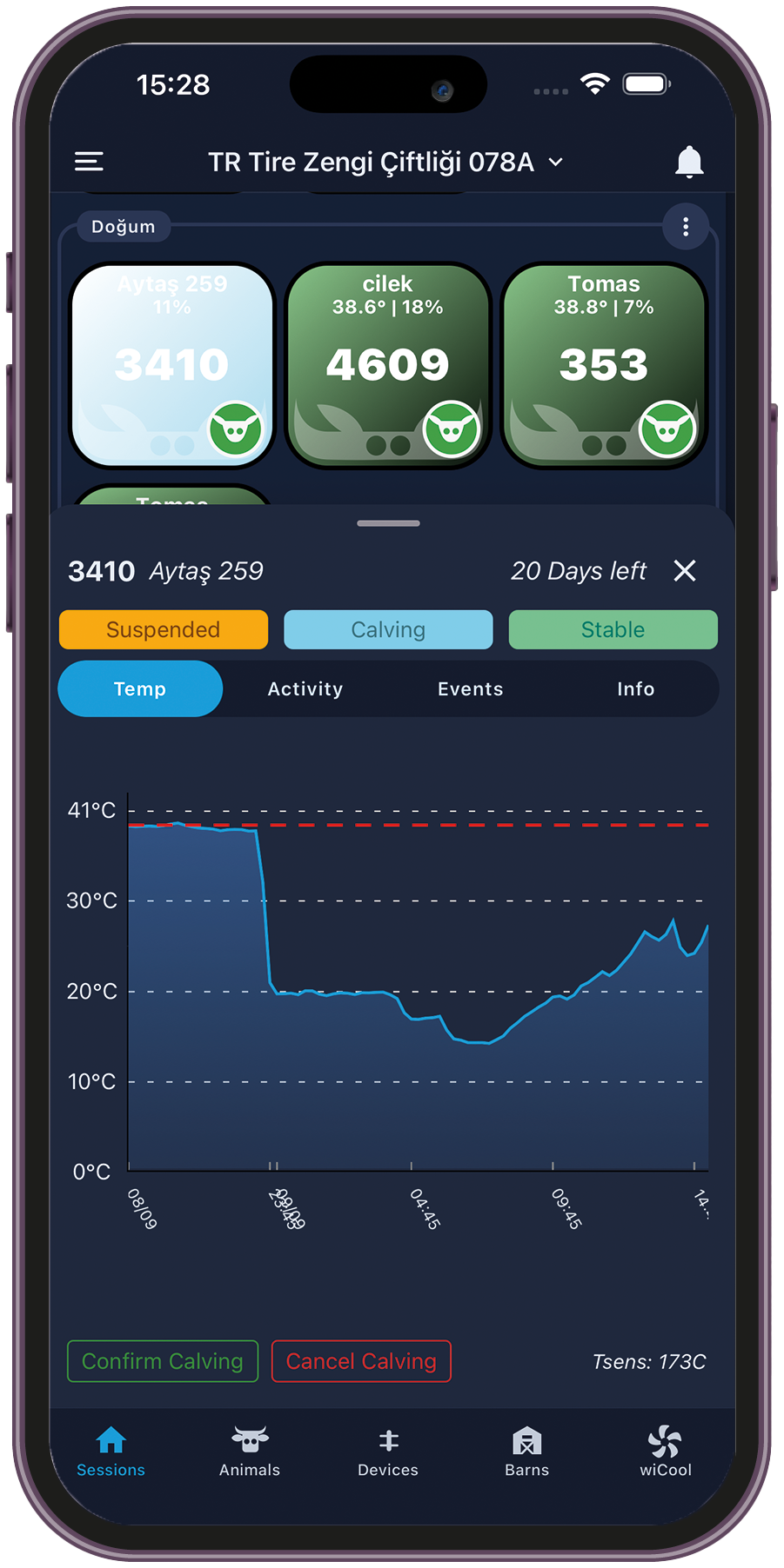 wiCow dashboard on a phone, showing herd monitoring and health data
