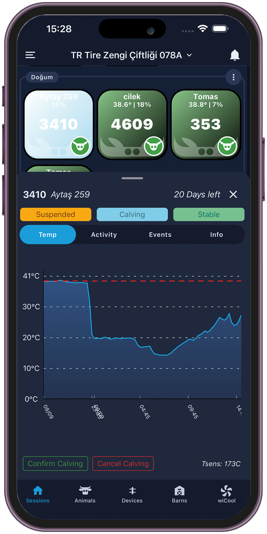 wiCow dashboard on a phone, showing herd monitoring and health data