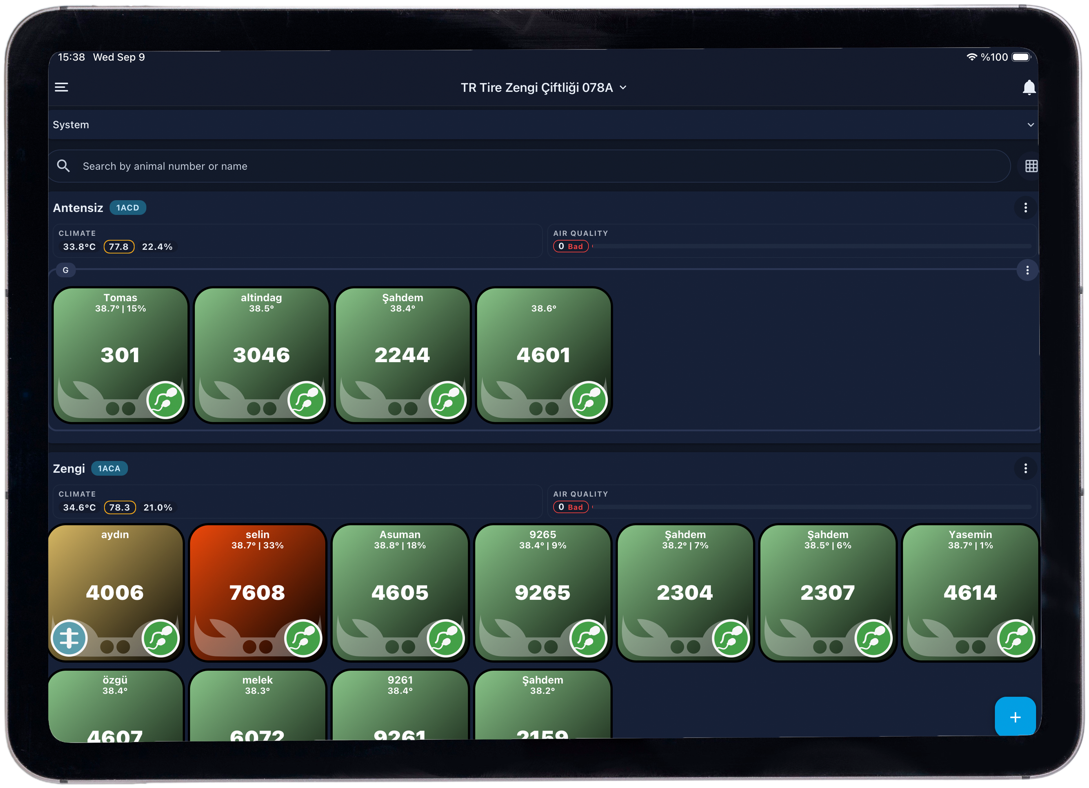 wiCow dashboard on a tablet, showing the interactive cow list