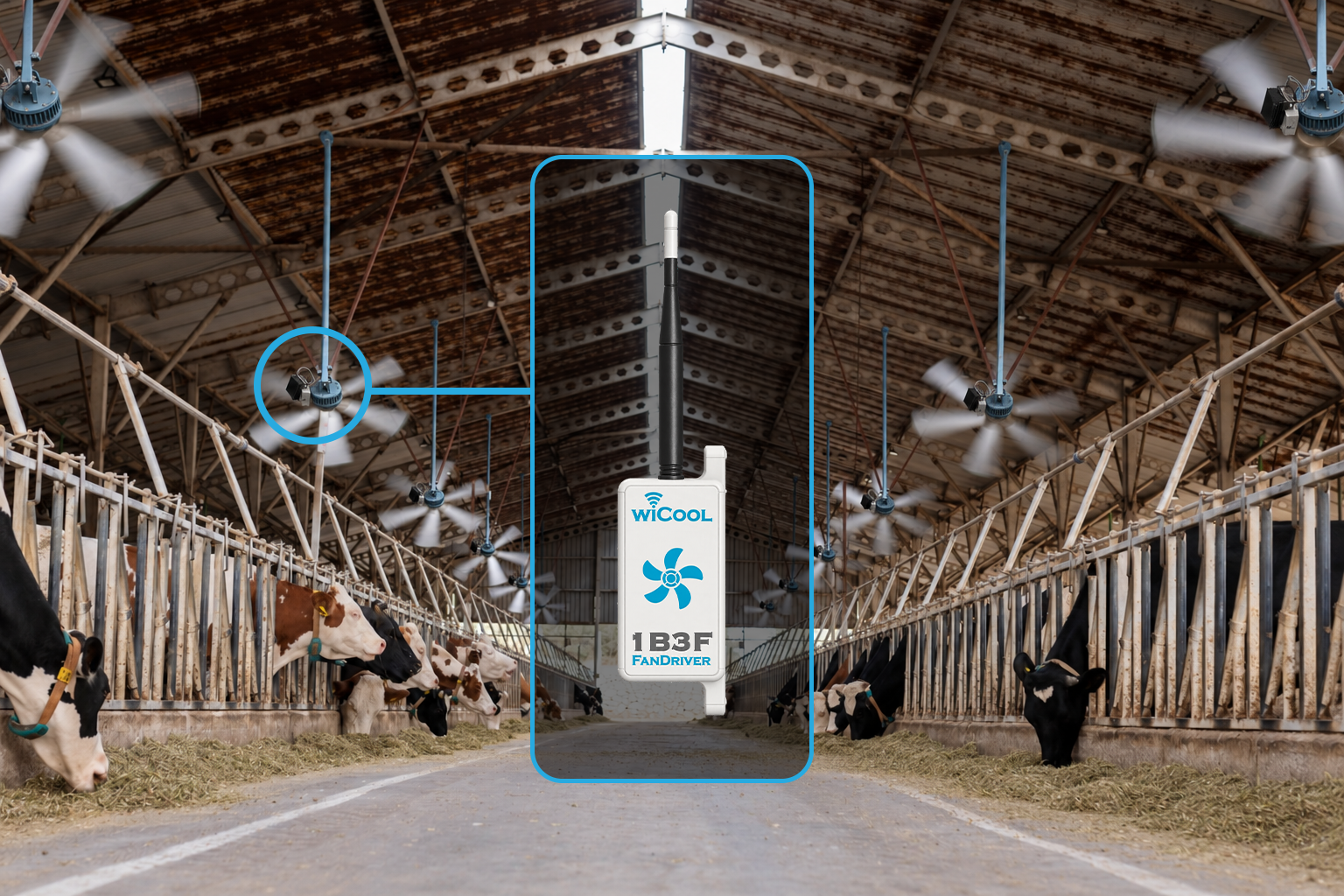 Fan driver installed by a barn ventilation fan, with a highlighted close-up.