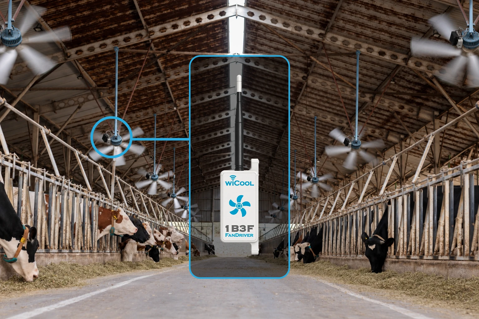 Fan driver installed by a barn ventilation fan, with a highlighted close-up.