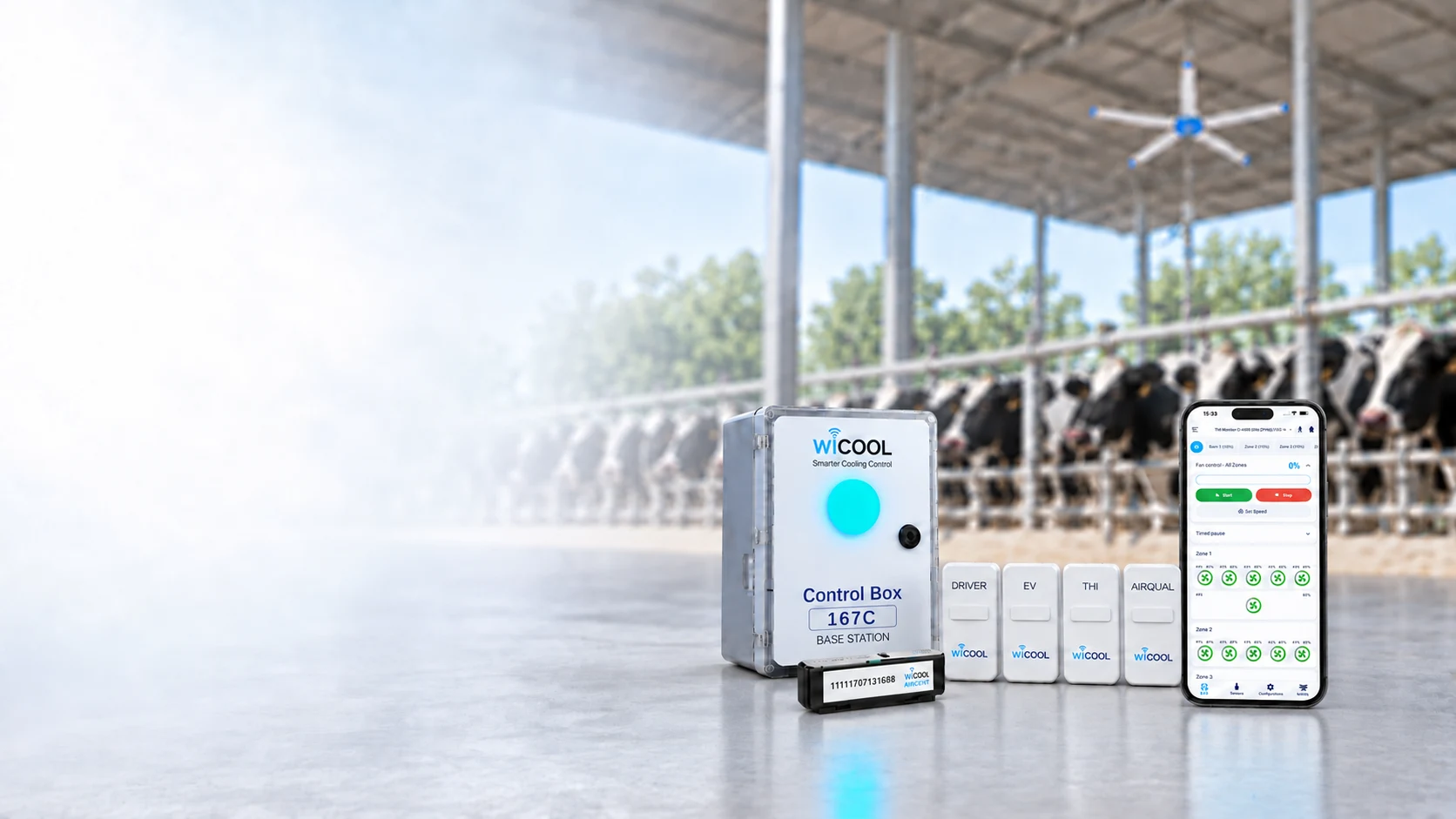 wiCool control hardware and mobile application in a dairy barn