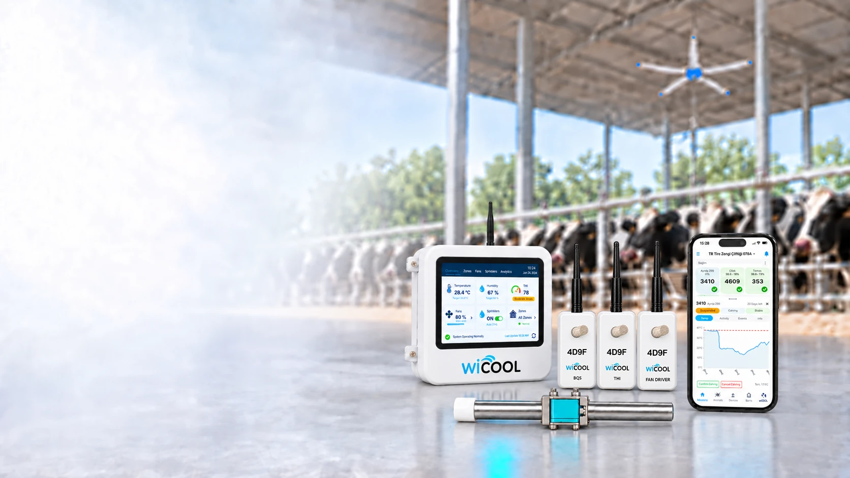 wiCool control hardware and mobile application in a dairy barn