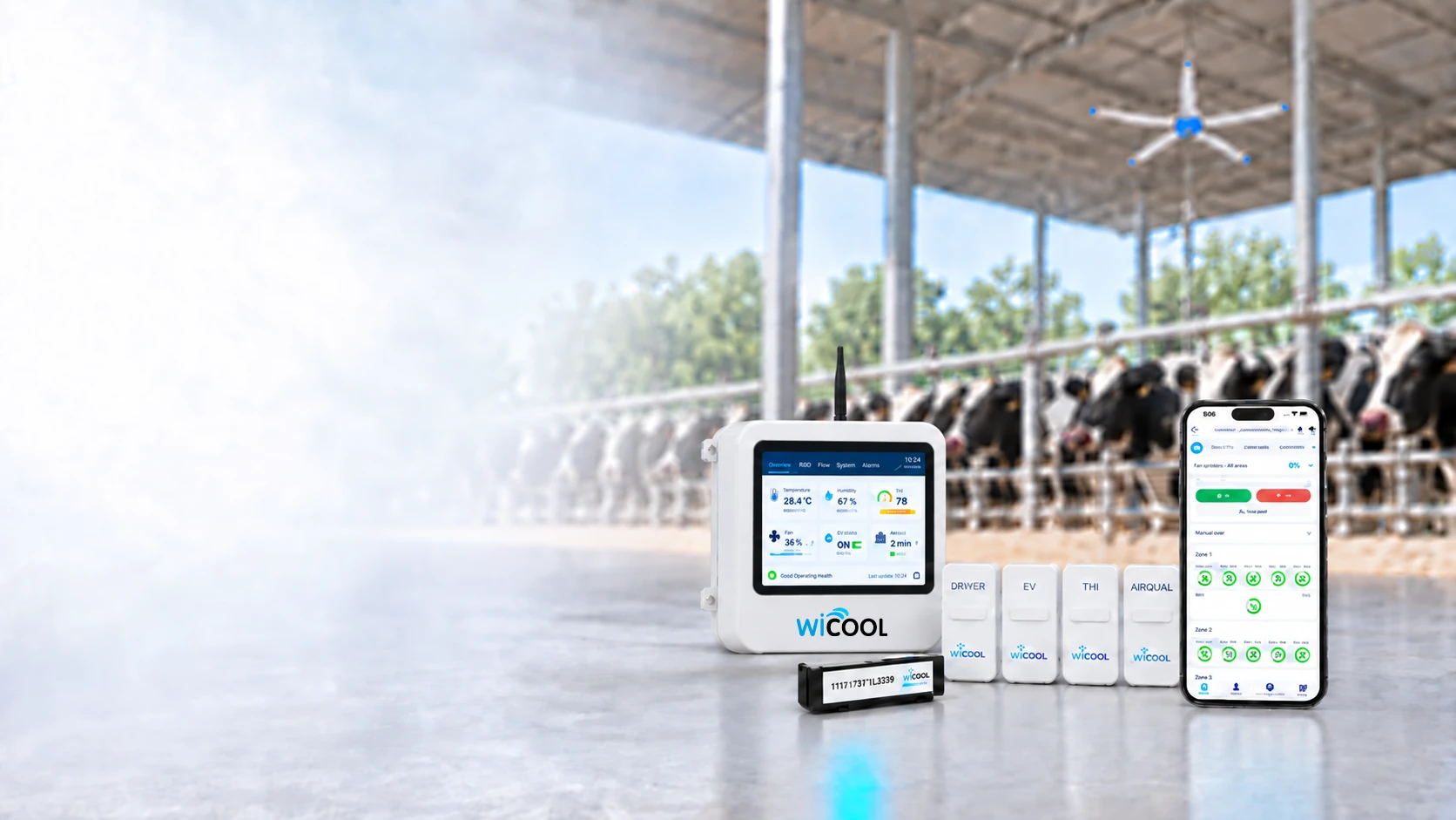wiCool control hardware and mobile application in a dairy barn